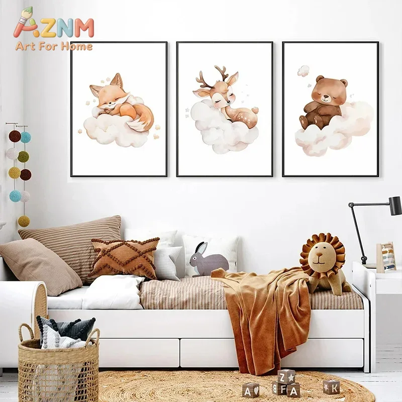 Baby Nursery Frames - AZNM Watercolor Sleeping Woodland Animal Canvas