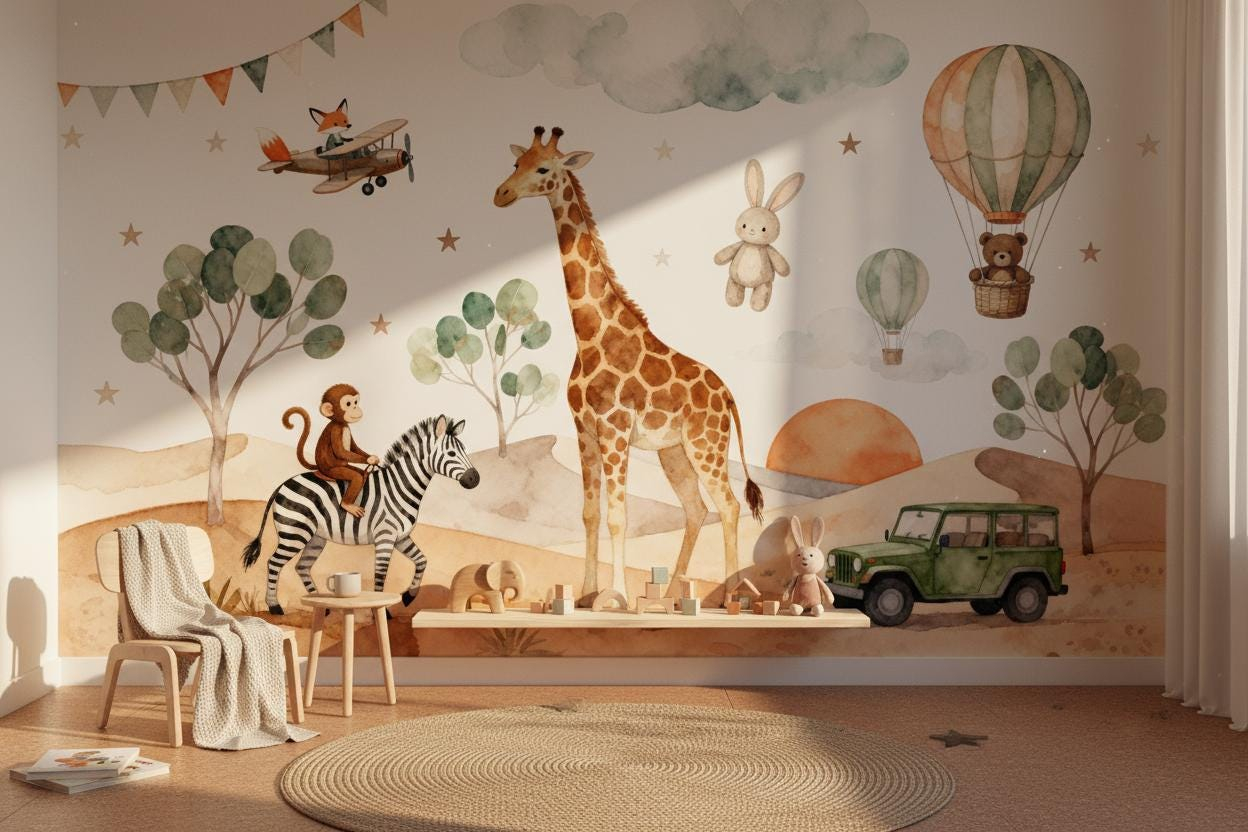 Baby Nursery Peel And Stick Wallpaper - Cartoon Animal Wall Mural Kids Nursery