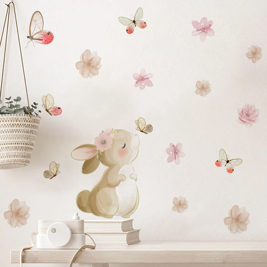 Cartoon Rabbit Flowers Butterf - Baby Nursery Decor Girl 评论和价格