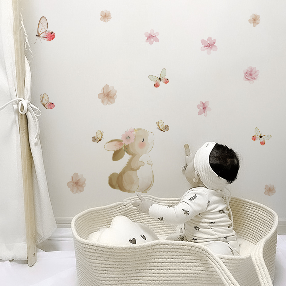Cartoon Rabbit Flowers Butterf - Baby Nursery Decor Girl 评论和价格