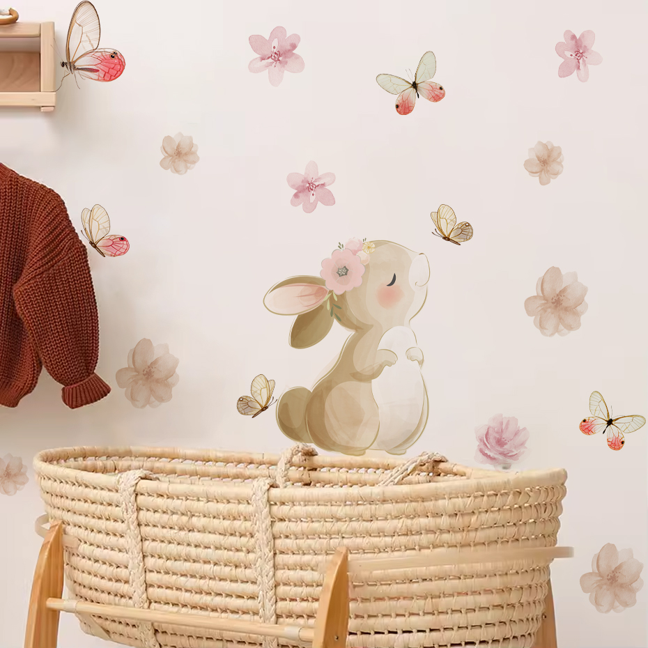 Cartoon Rabbit Flowers Butterf - Baby Nursery Decor Girl 评论和价格